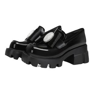 MIO米奥复古方头高跟厚底单鞋闪钻蝴蝶结酷感乐福鞋女黑色小皮鞋