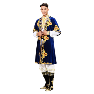 新款新疆舞蹈服装男蓝色少数民族舞蹈维吾尔族演出服饰舞台表演服