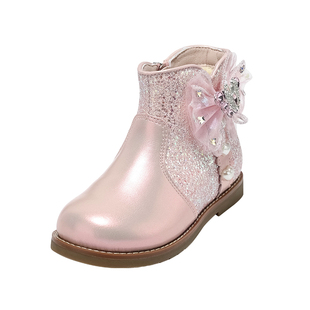 百丽童鞋女童皮靴冬季新款保暖加绒靴子儿童蝴蝶短靴小女孩公主靴