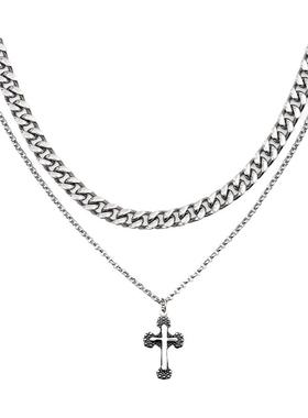 FDK双层叠戴十字架古巴链男女