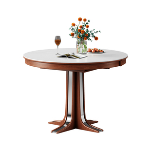梵创 中古风实木伸缩餐桌圆形岩板法式小户型圆桌客厅折叠饭桌子