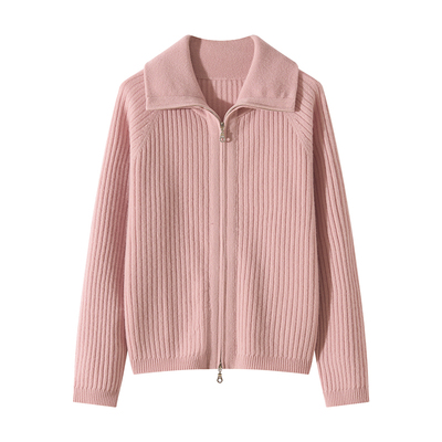 2025秋冬新款100山羊绒衫女士坑条双拉链针织衫毛衣外套女