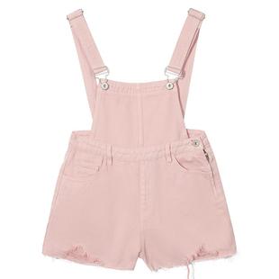 热风夏季新款女士潮流背带牛仔短裤中腰浅色甜美减龄裤子