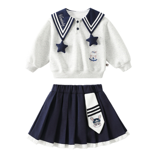 女童春装套装2026新款学院风卫衣儿童百褶裙两件套宝宝春秋季裙子