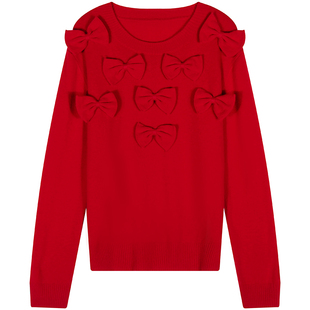 落落狷介红色套头毛衣女2025新款设计感小众蝴蝶结套头绵羊毛上衣