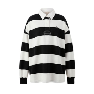 Eland衣恋条纹T恤女polo领学院风宽松舒适长袖上衣