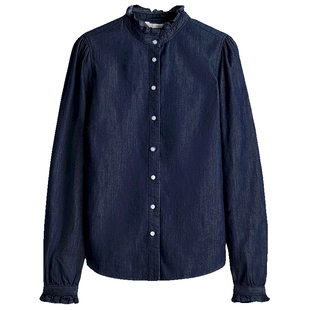 HM女装衬衫春季褶边通勤圆领长袖花边衬衫牛仔木耳边衬衫1260356