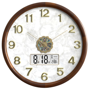 康巴丝胡桃木静音挂钟日历家用客厅时钟实木挂墙新款中复古石英钟