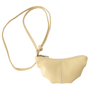 猴子家 复古细纹牛皮零钱包可颂牛角挂绳包 挂脖包多用途收纳包