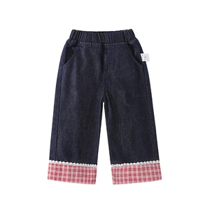 [7A抑菌]女童直筒牛仔裤春季新款花边裤子春红色格纹儿童长裤春装
