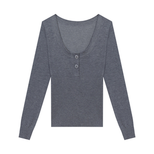 橘子树在哪儿韩系方领针织衫女春秋巨好看弹力辣妹显瘦内搭打底衫