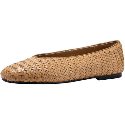 BellaLily新款森系编织浅口单鞋牛皮一脚蹬度假风平底鞋