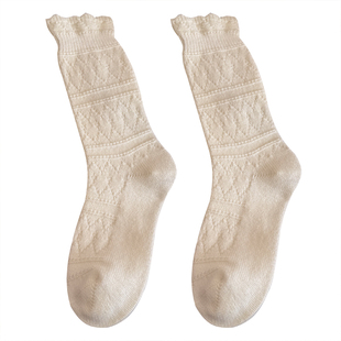 奶白花边袜子女中筒袜配短靴堆堆袜冬季加厚保暖羊毛袜配靴子长袜