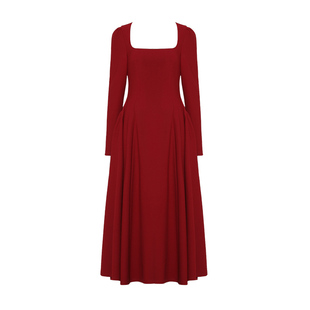 DPLAY2025秋季新款法式方领红色连衣裙女收腰红裙敬酒服裙子长袖