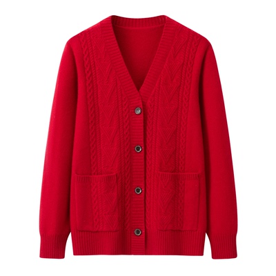 秋冬新款优雅风女装100纯羊毛V领麻花纹针织开衫毛衣保暖加厚外套