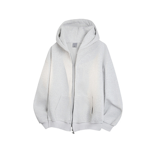 WAINOT400g重磅白花灰连帽开衫卫衣男女同款秋冬季加绒加厚外套