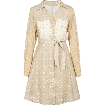 XG雪歌满版字母印花长袖连衣裙时尚春季新款撞色设计中长衬衫裙女