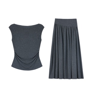 pusumede韩系纸片人 一字领小飞袖T恤女无袖上衣大裙摆半身裙套装