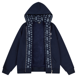 404MOB超火满印老花开衫连帽卫衣厚外套男女秋冬潮牌拉链加绒上衣