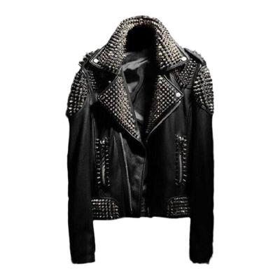 手作朋克黑真皮尖刺铆钉男士皮衣