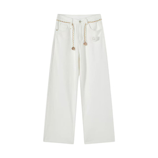 李李服饰小香风白色牛仔裤女26冬款菱形格纹宽松山茶花链条裤
