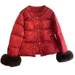 新中式中国红羽绒服女2025冬季新款国风提花轻奢狐狸毛冬装短外套