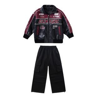 儿童街舞演出服男童皮夹克外套吉他架子鼓摇滚乐队舞台表演服潮服
