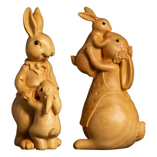 黄杨木生肖手把件兔子实木创意装饰雕刻工艺品木雕摆件母爱父爱兔