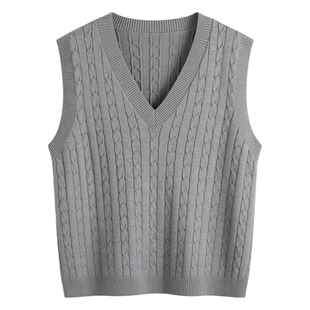 学院风V领针织马甲女灰色叠穿背心慵懒风通勤条纹宽松长袖毛衣女