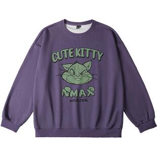 NMAX大码潮牌男装美式街头字母猫猫头漫画卫衣复合针织撞色情侣装