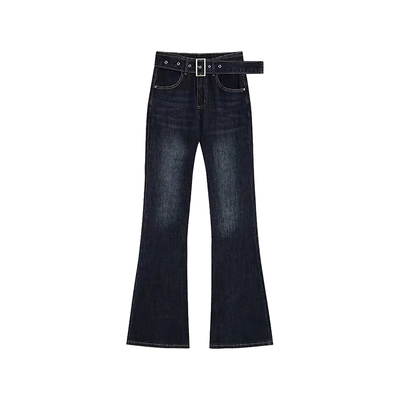 美式复古深蓝色加绒微喇叭牛仔裤女秋冬大码胖MM低腰修身显瘦长裤