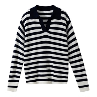 【法式松弛感】澳洲美丽诺羊毛 剪刀V领蓝白条纹针织衫套头毛衣女