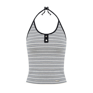赵昭仪同款Liilou 条纹韵律 撞色条纹 挂脖系带修身打底吊带背心