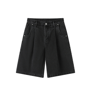 WHIMNOTION 26SS「打褶撞钉」水洗牛仔短裤 宽松百搭直筒六分裤