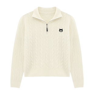 Basic House/百家好2025冬季半拉链翻领毛衣绵羊毛绞花短款上衣女