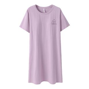 安之伴睡裙女夏季纯棉短袖薄款带胸垫宽松休闲简约中长款裙子睡衣