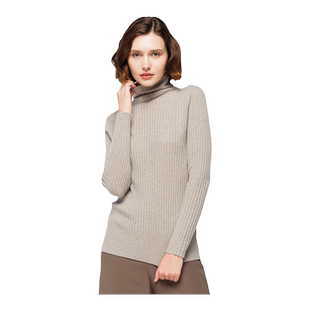 圣雪绒100%山羊绒女自由领修身罗纹设计保暖针织衫中长款打底衫