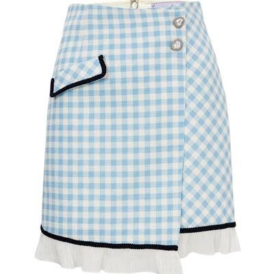 【奥莱】MAXRIENY蓝白格纹撞边千金小香风半裙夏季小裙子