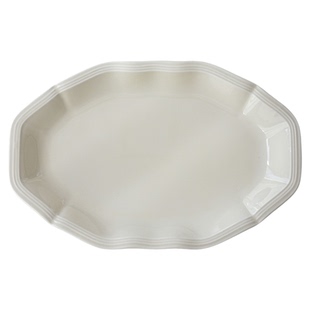 索厨米黄法式鱼盘复古浮雕陶瓷盘简约纯色椭圆盘花边正餐盘甜品盘