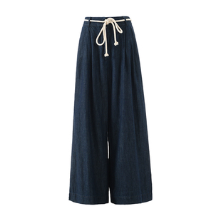 美式复古深蓝色阔腿牛仔裤女2026春款宽松双褶腰带垂感直筒拖地裤