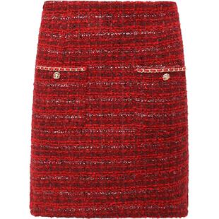 COCOBELLA轻奢小香风红色粗花呢半身裙女气质高腰包臀短裙HS549