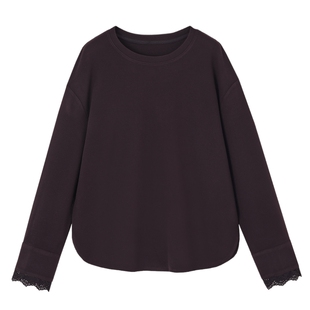 德玛纳舒适简约风圆领T恤女26春秋新款蕾丝拼接长袖宽松慵懒上衣