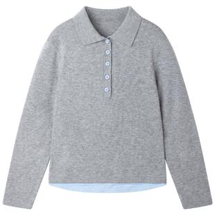 【温柔灰蓝】美利奴羊毛混纺假两件polo领毛衣长袖针织女童秋装