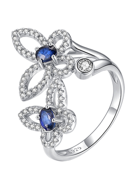 女士银镀金镶蓝宝石气质开口女戒