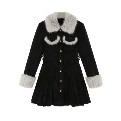 黑色灯芯绒大毛领夹棉外套女