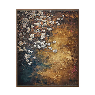 原创 |《樱花盛开》纯手绘油画限量玄关装饰画客厅中古新中式挂画