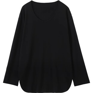 CV大码女装 春季新款U领长袖T恤中长款开叉打底衫白色莼棉上衣女