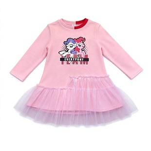 女童装连衣裙春季长袖T恤卫衣群卡通小马宝莉红色粉色长款印花