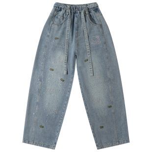 女童亮闪闪烫钻刺绣弯刀牛仔裤春秋款超好看儿童洋气爆闪休闲裤子