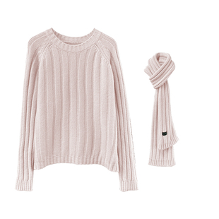 粉色配围巾毛衣女款2026新款爆款外穿显瘦坑条内搭加厚针织打底衫